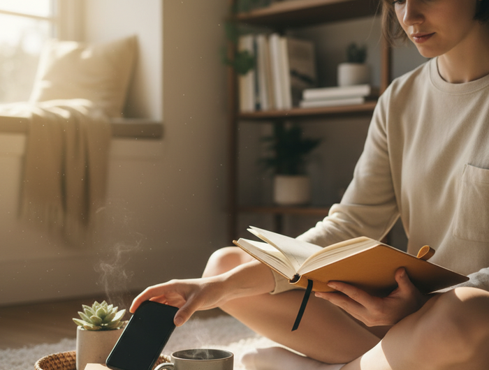 Denk aan: iemand die zijn telefoon weglegt, een journal openslaat, of bewust aanwezig is zonder scherm.