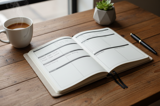 een foto van een focus planner of journal op een bureau of tafel