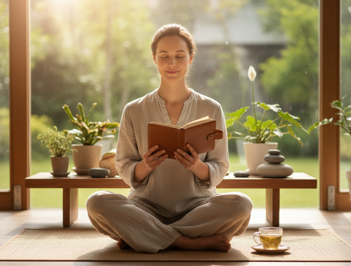 wil je een vrouw neerzetten die in een mediatieve houding ontspant en ook een journal vast houdt 